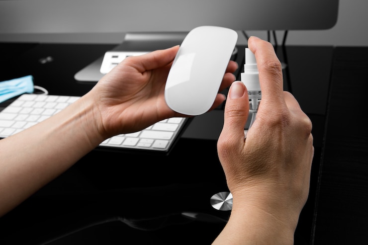 Photo disinfection of a computer mouse with an antiseptic. disinfecting workplace concept.