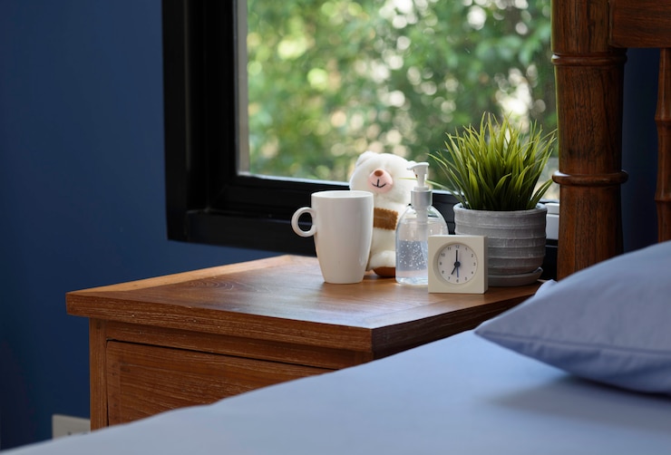 Disinfettante per le mani, tazza bianca, orsacchiotto e sveglia sulla tavola di legno in camera da letto blu