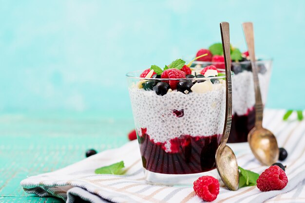 Disintossicante e salutare supercibi colazione in una ciotola. Budino vegano di semi di chia con latte di mandorle con lamponi, more e menta.