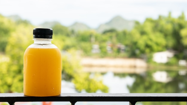 Disintossicazione sana del succo d'arancia. Primo piano della bottiglia arancione fresca in mano e priorità bassa verde della natura.