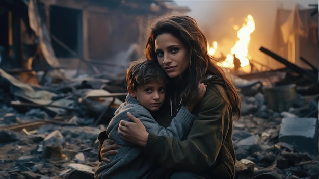 Disperazione e amore Una madre araba consola un figlio in un paesaggio in rovina