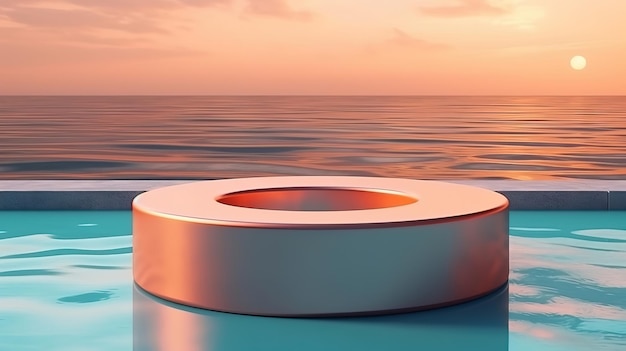 Display 3D backgroundpodium su acqua oceano mare tramonto Arancio pastello Generativo ai