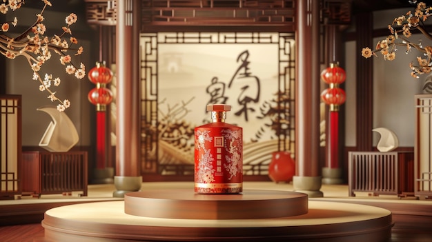 Display 3D del design di bottiglie di liquori orientali su un palco cilindrico con uno sfondo di architettura tradizionale cinese Testo liquore premium Baijiu