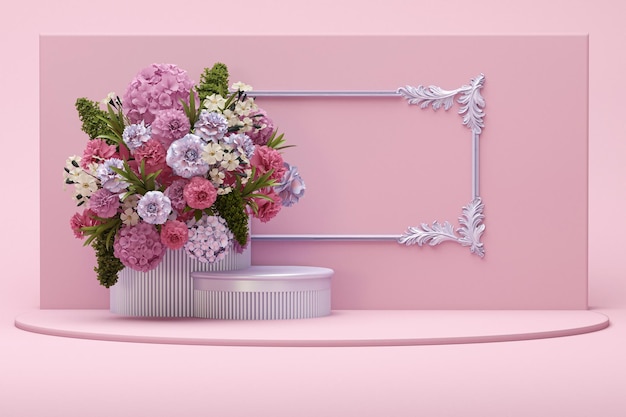 Display 3D podio sfondo rosa pastello con fiori colorati e cornice vintage rendering 3d