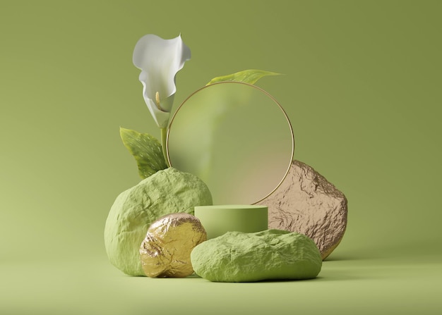 Display 3D podio sfondo verde e fiore bianco Piedistallo cosmetico per prodotti di bellezza