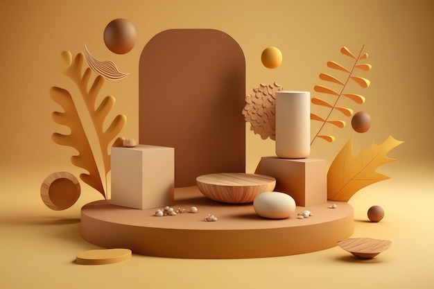 Display 3D sul podio beige con oggetti di levitazione generazione AI