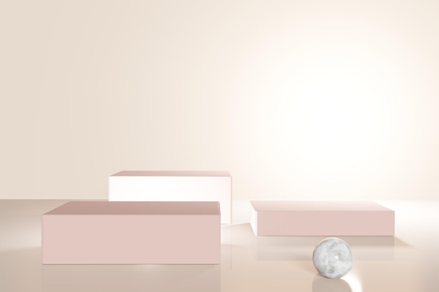 Display a piedistallo con cubi di colore pastello e sfondo rosa astratto con concetto di supporto a scatola Podio per prodotti di promozione del marchio rendering digitale 3d realistico