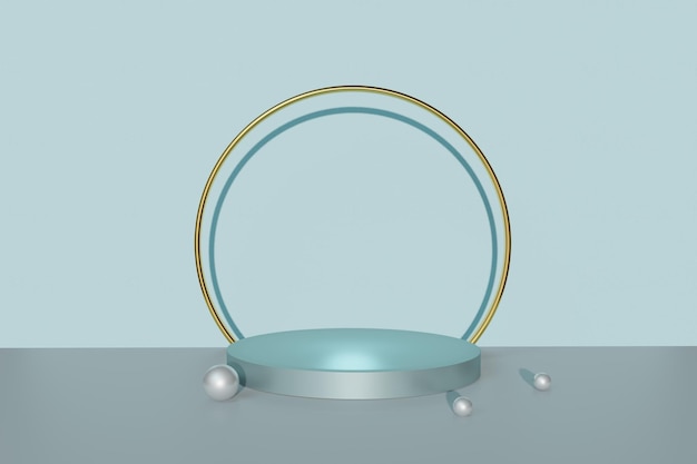 Display a piedistallo su sfondo blu pastello con cerchio dorato con concetto di supporto a scatola. Podio per prodotti di promozione del marchio, rendering digitale 3d realistico