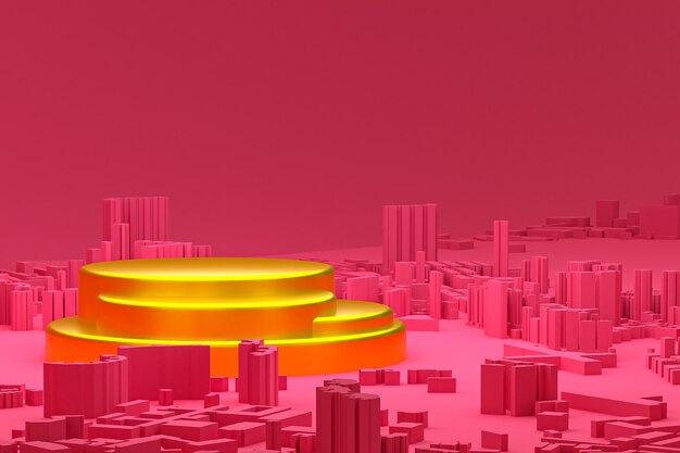 Display a podio o piedistallo minimo in oro su edifici rosa della città mappa sfondo rendering 3d per la presentazione di prodotti cosmetici