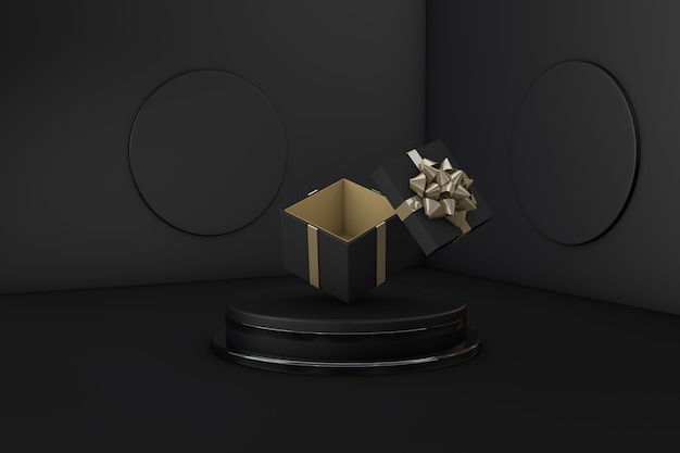 Display a podio o piedistallo nero con confezione regalo e nastro d'oro 3d rendering