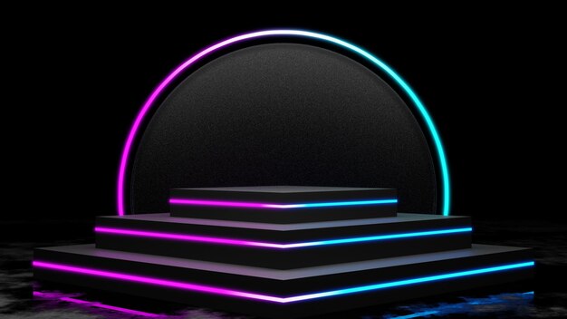 Display del podio con rendering 3d con luce al neon futuristica, piedistallo vuoto per la vetrina del prodotto,