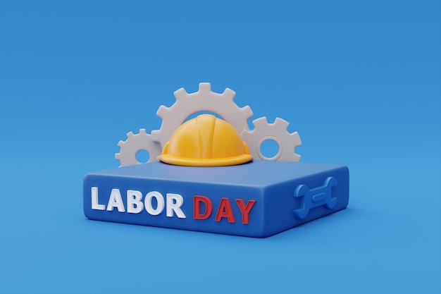 Display del podio del concetto di Happy Labor Day usa con strumenti di costruzione e rendering 3d a palloncino