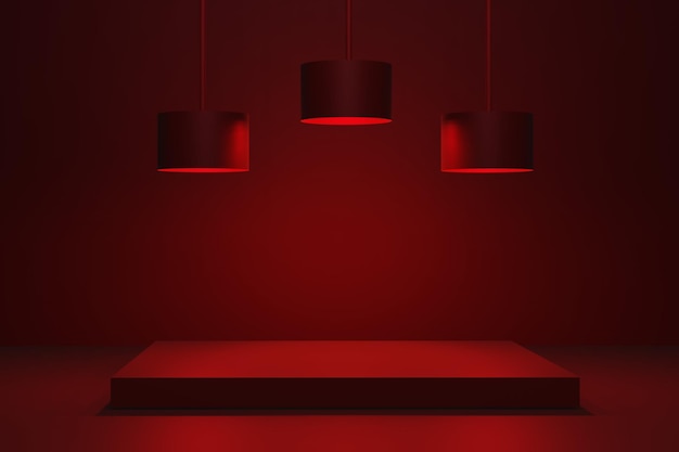 Display del podio della stanza rossa con atmosfera romantica e scene di luci basse per un rendering 3d di un prodotto di un sexy shop