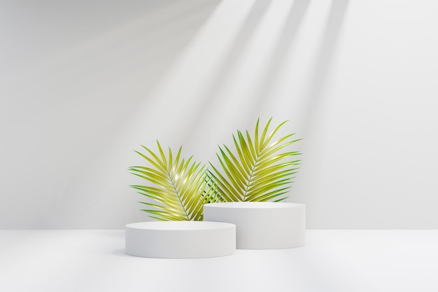 Display del prodotto 3d del podio con foglie di palma o cocco e sovrapposizione di ombre su sfondo bianco