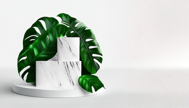 Display del prodottopodium bianco di marmo e foglie tropicali sullo sfondo bianco generato da AI