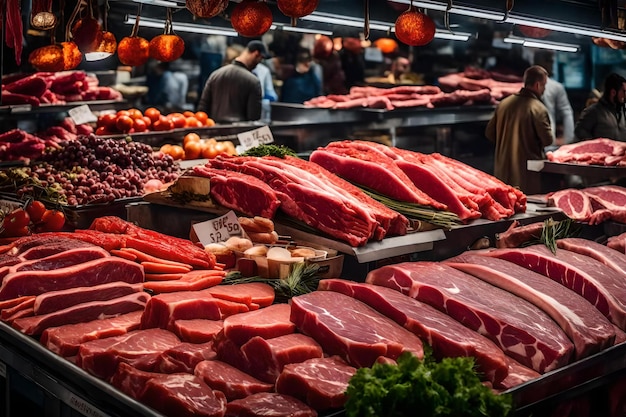 Display di carne in una bancarella del mercato