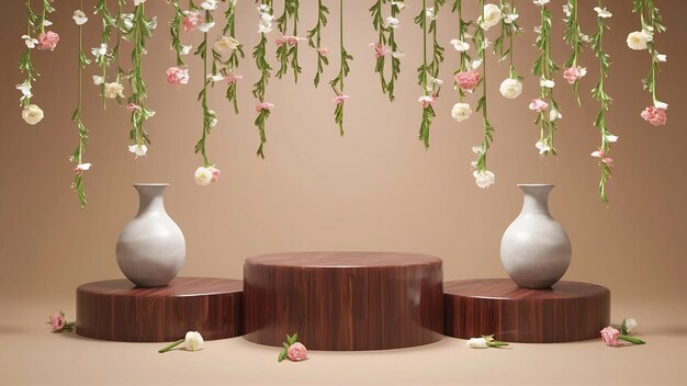 Display di podio in legno sullo sfondo beige con fiori che cadono e vasi decorativi3d render