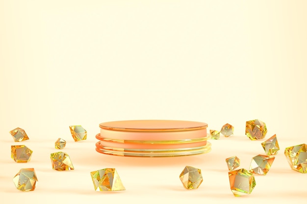 Display di podio in vetro con gemme o cristalli preziosi sparsi su sfondo giallo rendering 3D piedistallo vuoto di lusso in oro con pietre preziose pietre minerali per prodotti cosmetici pubblicitari