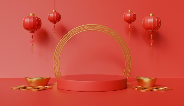 Display di prodotti a tema del Capodanno cinese con monete d'oro concetto di festa tradizionale di vacanza