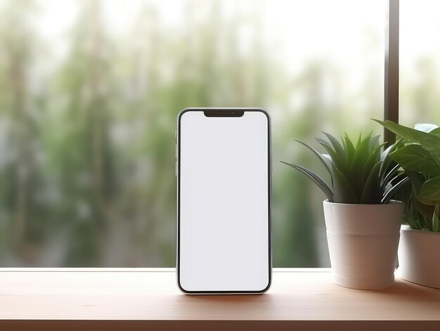 Display di smartphone vuoto isolato con piante Finestra e luce solare in sottofondo AI Generative