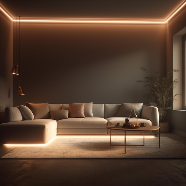 Display luminoso vuoto Parete di una stanza moderna con luci interne Include un elegante divano AI generativo