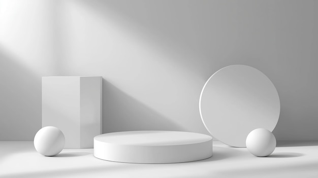 Display minimalista con forme geometriche in un ambiente di studio bianco brillante durante le ore diurne
