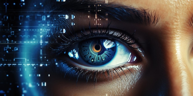 Display oculare femminile futuristico concetto di cyberspace scienza tecnologia di base persona umana sistema di visione digitale