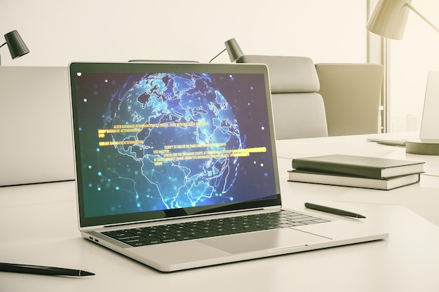 Display per computer moderno con ologramma astratto di sviluppo software e concetto di ricerca e analisi globale sulla mappa del mondo Rendering 3D