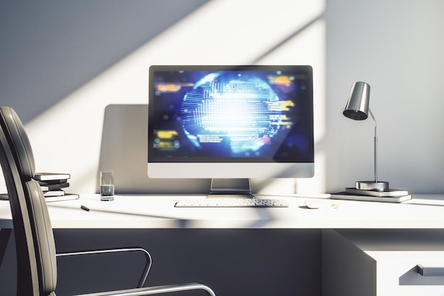 Display per computer moderno con ologramma del linguaggio di programmazione astratto e intelligenza artificiale della mappa del mondo e concetto di reti neurali Rendering 3D