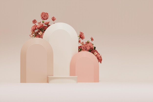 Display podio 3D, sfondo bianco e rosa con fiore rosa. Modello spazio copia femminile