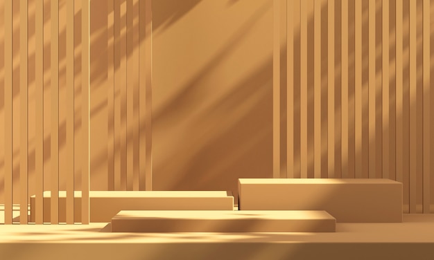 Display podio del prodotto 3D con sfondo arancione e ombra dell'albero, sfondo mockup prodotto estivo, illustrazione rendering 3D