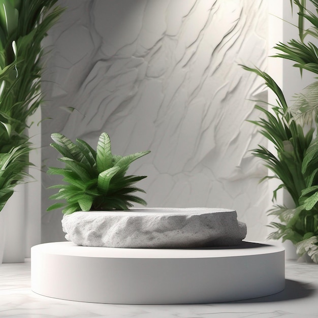 Display podio in pietra con roccia bianca e pianta sfocatura sfondo astratto 3d Render