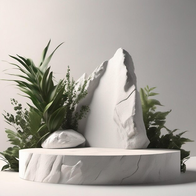 Display podio in pietra con roccia bianca e pianta sfocatura sfondo astratto 3d Render