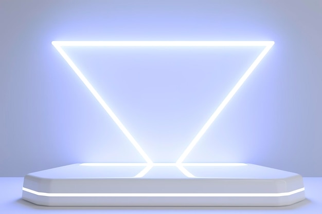 Display realistico sul podio con luci bianche al neon Sfondo del display del prodotto con cornice luminosa Display del prodotto bianco prodium con sfondo di luci al neon effetto luce genera ai