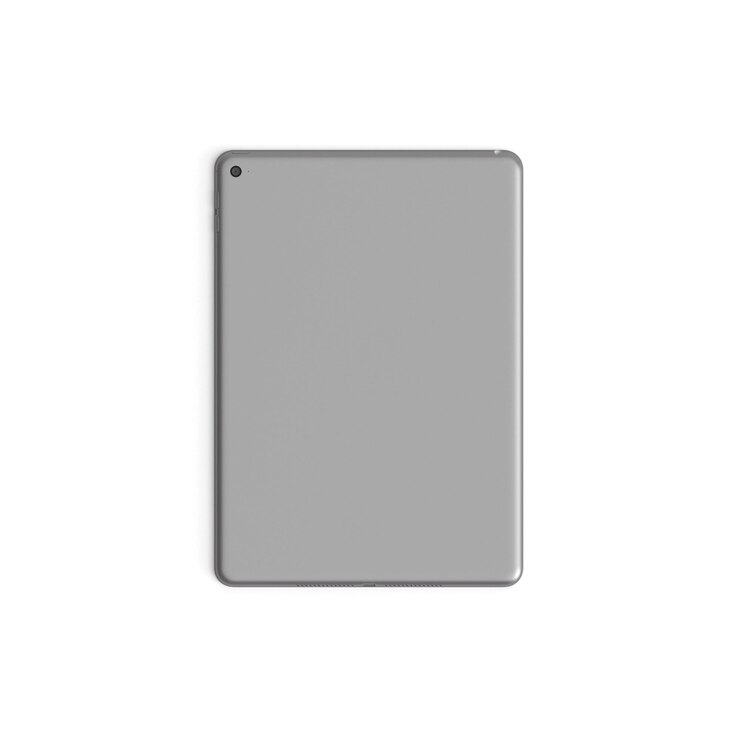 Display vuoto del tablet con schermo vuoto isolato sullo sfondo per gli annunci davanti argento spazio grigio posteriore verticale