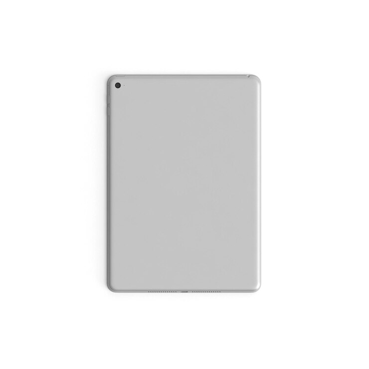 Display vuoto del tablet con schermo vuoto isolato sullo sfondo per pubblicità retro nero argento