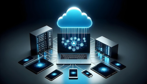 Dispositivi connessi Cloud computing moderno con attrezzatura tecnologica sincronizzata