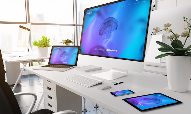 Dispositivi di rendering 3D su un ufficio moderno. sito web reattivo sullo schermo.
