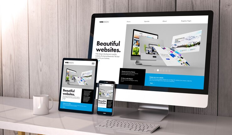 Dispositivi generati digitali su desktop, design reattivo per il generatore di siti Web sullo schermo. Tutta la grafica dello schermo è composta. Rendering 3D.