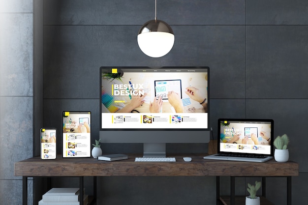 Dispositivi reattivi su un desktop elegante con rendering 3d del sito Web di ux design