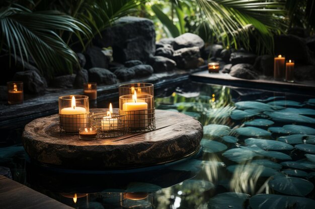 Dispositivo con candele e pietre sullo sfondo tropicale che promuove il rilassamento Generative AI