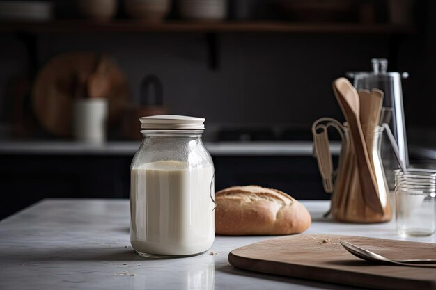 Dispositivo d'avviamento a lievitazione naturale e barattolo su tavola di legno in cucina moderna creata con ai generativo