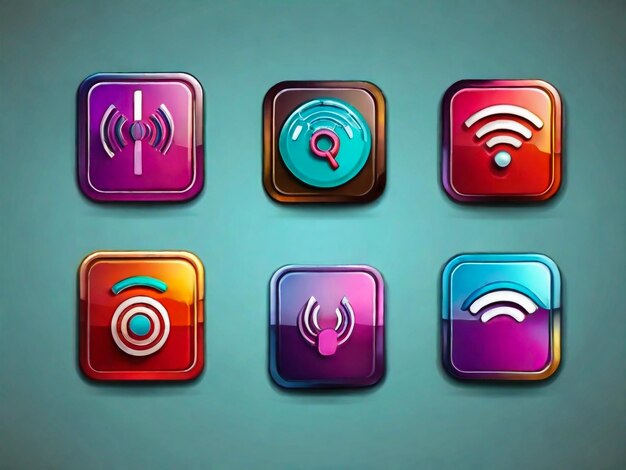 Dispositivo elettronico connessione internet wireless simboli wifi icone lucide o adesivi set illustrazione vettoriale isolata