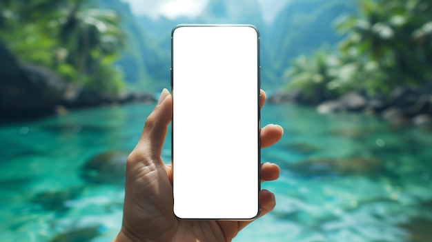Dispositivo portatile di fronte a bellissime isole tropicali modello di smartphone