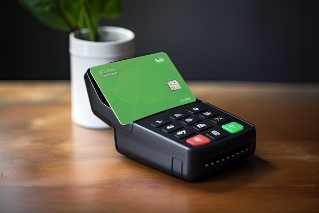 Dispositivo tascabile per carte di credito senza contatto Una foto ravvicinata di un sistema di pagamento ultraleggero e portatile