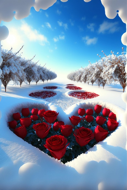 Disposizione a forma di cuore di rose rosse nella neve ai generativa