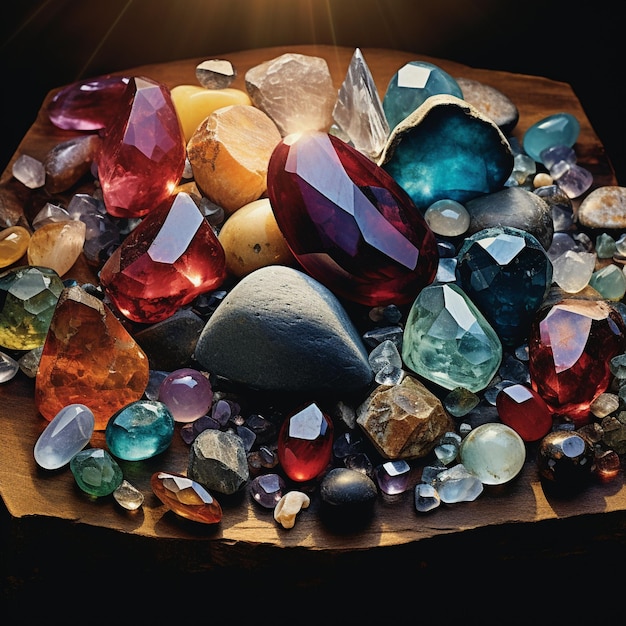 Disposizione abbagliante delle pietre preziose in una stanza poco illuminata