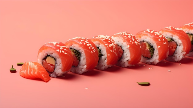 Disposizione artistica di rotoli di sushi su uno sfondo di colore unico