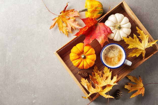 Disposizione autunnale con caffè e zucca