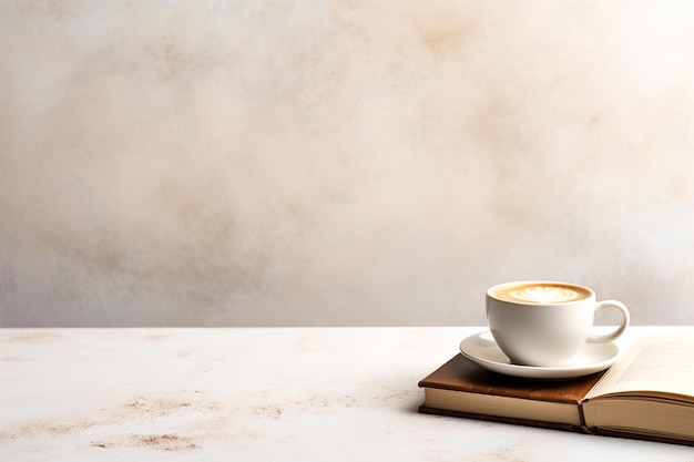 Disposizione dei libri vista dall'alto con una tazza di caffè in stile minimal per banner pubblicitari